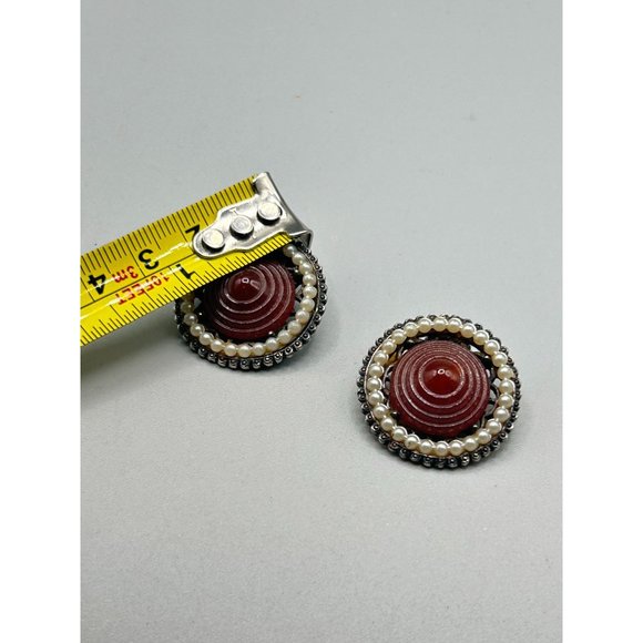 Vintage Clip On Earrings Brown Glass Pointy Stones and Faux Pearls Round Clips - Picture 4 of 4